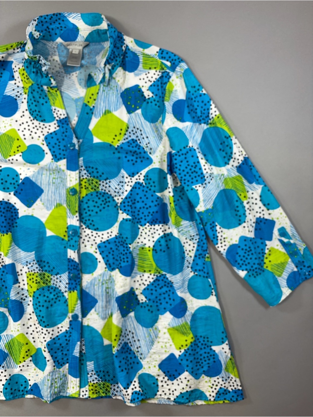 Multiples Blue Turquoise Lime Abstract Geometric 3/4 Sleeve Rayon A-Line Blouse